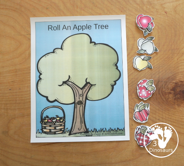 Free Roll an Apple Tree Printable - 3 Levels of learning: counting, addition, and multiplication - rolling math for  kids with apple tree theme with apple dice and recording sheet - 3Dinosaurs.com