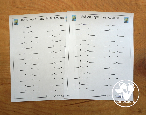 Free Roll an Apple Tree Printable - 3 Levels of learning: counting, addition, and multiplication - rolling math for  kids with apple tree theme with apple dice and recording sheet - 3Dinosaurs.com