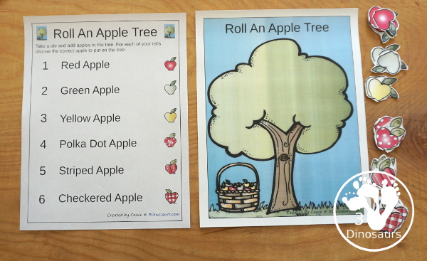 Free Roll an Apple Tree Printable - 3 Levels of learning: counting, addition, and multiplication - rolling math for  kids with apple tree theme with apple dice and recording sheet - 3Dinosaurs.com