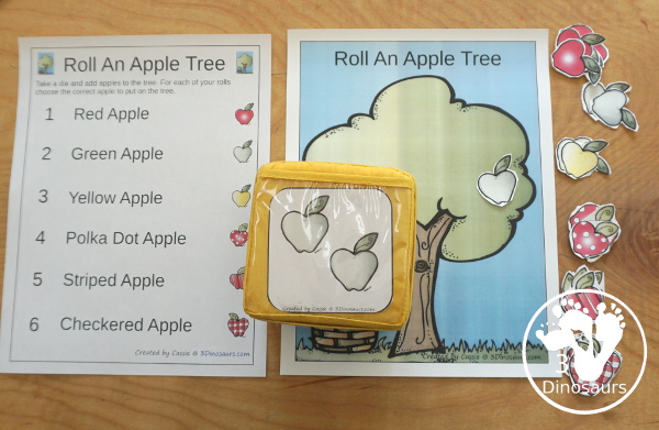 Free Roll an Apple Tree Printable - 3 Levels of learning: counting, addition, and multiplication - rolling math for  kids with apple tree theme with apple dice and recording sheet - 3Dinosaurs.com