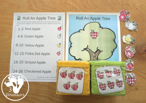 Free Roll an Apple Tree Printable - 3 Levels of learning: counting, addition, and multiplication - rolling math for  kids with apple tree theme with apple dice and recording sheet - 3Dinosaurs.com