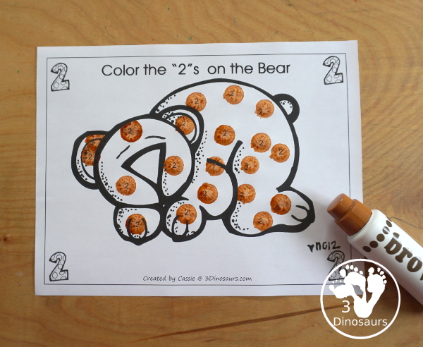 Free Romping and Roaring Number 2 Pack - with number 2 worksheets, number 2 puzzles, number 2 handwriting, number 2 dot marker worksheets and more for PreK and kindergarten age kids with a bear theme.  - 3Dinosaurs.com