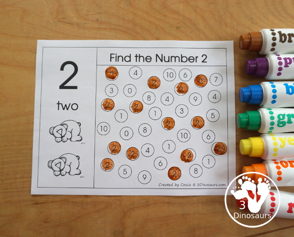 Free Romping and Roaring Number 2 Pack - with number 2 worksheets, number 2 puzzles, number 2 handwriting, number 2 dot marker worksheets and more for PreK and kindergarten age kids with a bear theme.  - 3Dinosaurs.com