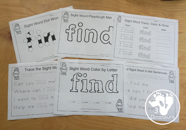 Free Romping & Roaring Preprimer Sight Words Packs Set 3: Find, For, Funny, Go - 6 pages of activities for each preprimer sight words: find, for, funny, go. These are great for easy to use learning centers - 3Dinosaurs.com