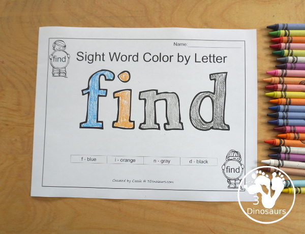 Free Romping & Roaring Preprimer Sight Words Packs Set 3: Find, For, Funny, Go - 6 pages of activities for each preprimer sight words: find, for, funny, go. These are great for easy to use learning centers - 3Dinosaurs.com