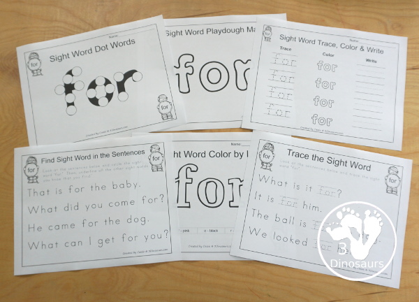 Free Romping & Roaring Preprimer Sight Words Packs Set 3: Find, For, Funny, Go - 6 pages of activities for each preprimer sight words: find, for, funny, go. These are great for easy to use learning centers - 3Dinosaurs.com