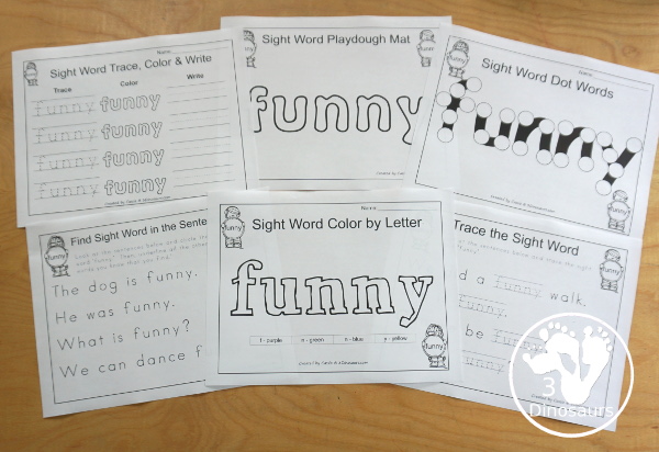 Free Romping & Roaring Preprimer Sight Words Packs Set 3: Find, For, Funny, Go - 6 pages of activities for each preprimer sight words: find, for, funny, go. These are great for easy to use learning centers - 3Dinosaurs.com
