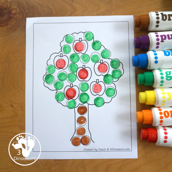 Free Apple Tree Fine Motor Mats - four apple tree fine motor mats with an apple tree template, apple tree tracing, apple tree dot marker and apple tree cotton swab. A great fall fine motor activity for prek and kindergarten - 3Dinosaurs.com