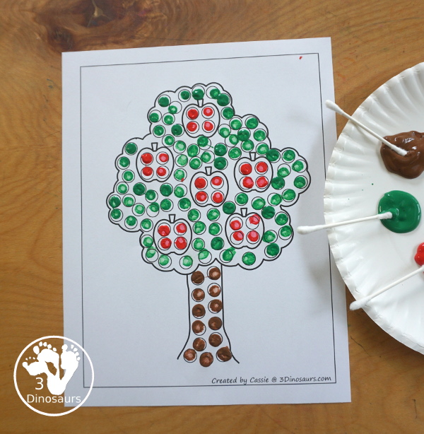 Free Apple Tree Fine Motor Mats - four apple tree fine motor mats with an apple tree template, apple tree tracing, apple tree dot marker and apple tree cotton swab. A great fall fine motor activity for prek and kindergarten - 3Dinosaurs.com