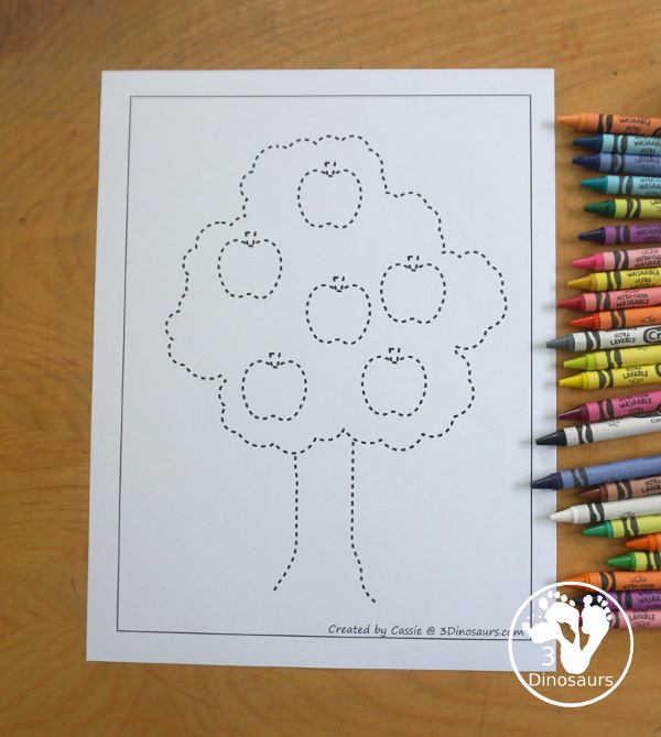 Free Apple Tree Fine Motor Mats - four apple tree fine motor mats with an apple tree template, apple tree tracing, apple tree dot marker and apple tree cotton swab. A great fall fine motor activity for prek and kindergarten - 3Dinosaurs.com