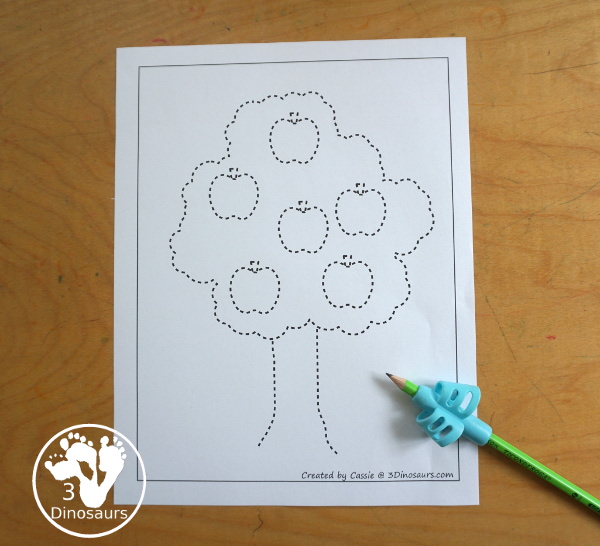 Free Apple Tree Fine Motor Mats - four apple tree fine motor mats with an apple tree template, apple tree tracing, apple tree dot marker and apple tree cotton swab. A great fall fine motor activity for prek and kindergarten - 3Dinosaurs.com