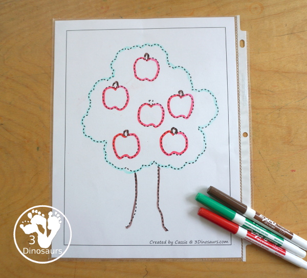 Free Apple Tree Fine Motor Mats - four apple tree fine motor mats with an apple tree template, apple tree tracing, apple tree dot marker and apple tree cotton swab. A great fall fine motor activity for prek and kindergarten - 3Dinosaurs.com