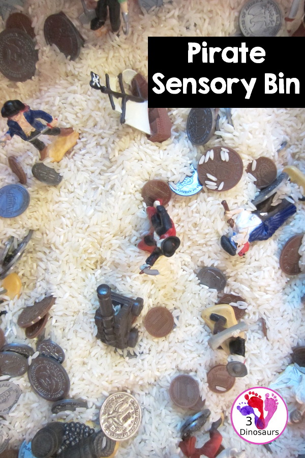 Pirate Sensory Bin - a sensory bin fill with pirate themes and coins for kids. Great for talk like a pirate day or a pirate theme- 3Dinosaurs.com
