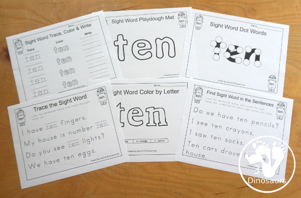 Free Romping & Roaring Third Grade Sight Words Packs Set 10: Ten- 6 pages of activities for each third Grade sight words: ten. These are great sight word printables for learning centers - 3Dinosaurs.com