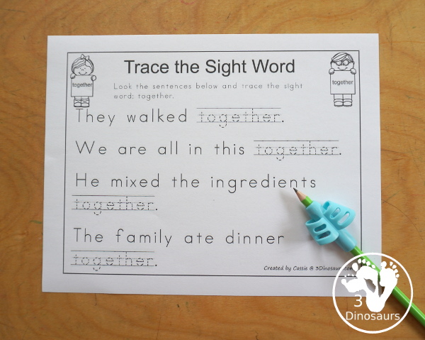 Free Romping & Roaring Third Grade Sight Words Packs Set 10: Ten, Today, Together, Try- 6 pages of activities for each third Grade sight words: ten, today, together, try. These are great sight word printables for learning centers - 3Dinosaurs.com