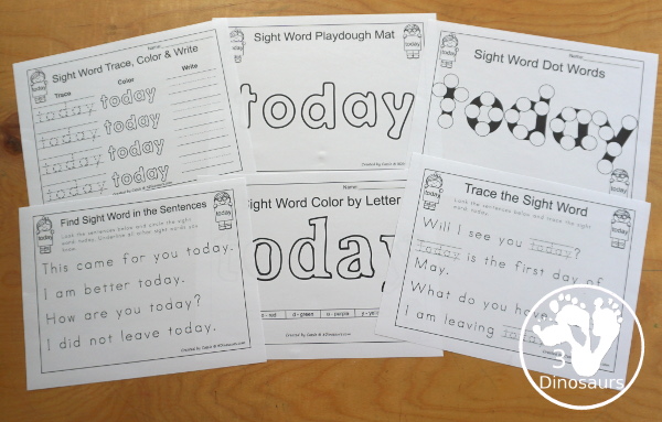 Free Romping & Roaring Third Grade Sight Words Packs Set 10: Today 6 pages of activities for each third Grade sight words: today. These are great sight word printables for learning centers - 3Dinosaurs.com