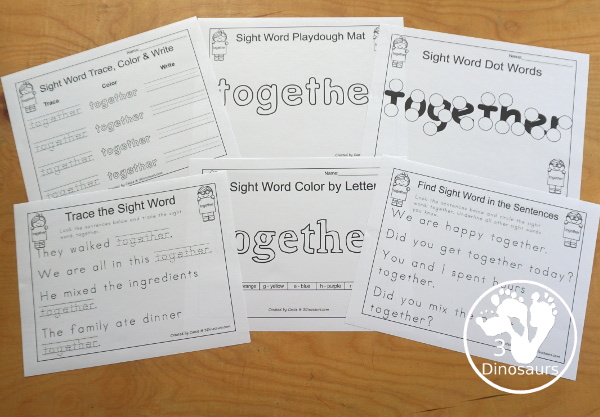 Free Romping & Roaring Third Grade Sight Words Packs Set 10: Ten, Today, Together, Try- 6 pages of activities for each third Grade sight words: together. These are great sight word printables for learning centers - 3Dinosaurs.com