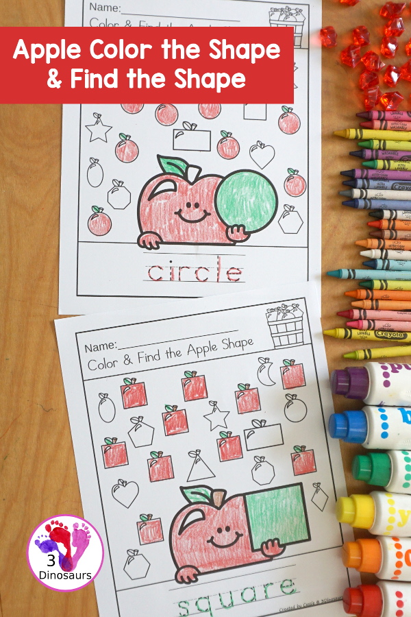Apple Color the Shape & Find the Shape - you have 12 shapes for kids to learn about A fun way to work on shapes and shape words. A great kindergarten and prek worksheet for shapes - 3Dinosaurs.com