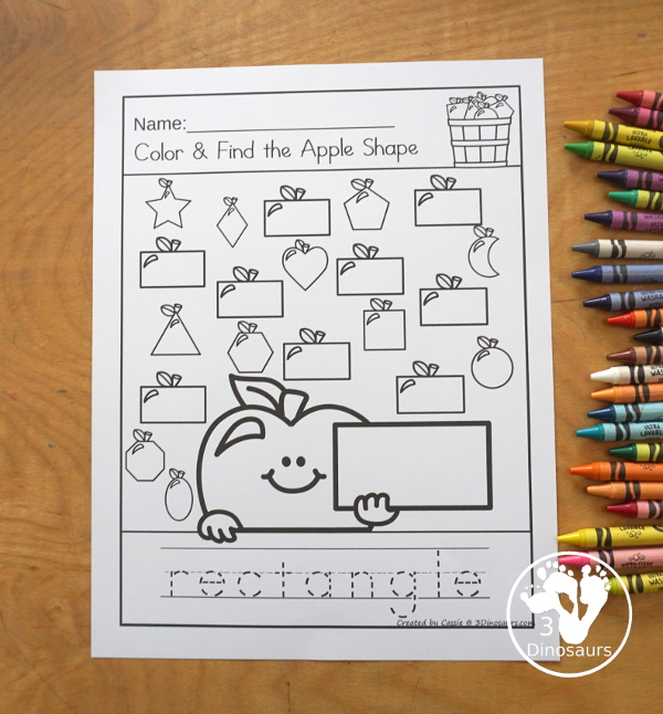 Apple Color the Shape & Find the Shape - you have 12 shapes for kids to learn about A fun way to work on shapes and shape words. A great kindergarten and prek worksheet for shapes - 3Dinosaurs.com