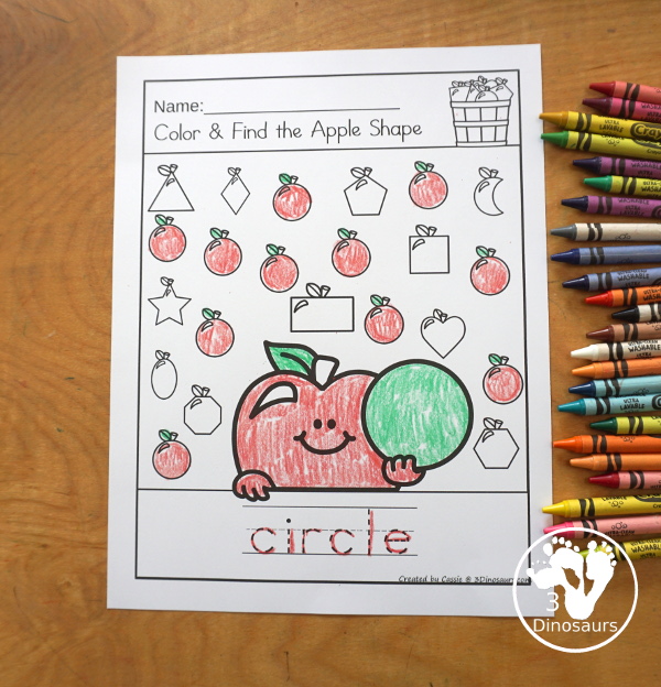 Apple Color the Shape & Find the Shape - you have 12 shapes for kids to learn about A fun way to work on shapes and shape words. A great kindergarten and prek worksheet for shapes - 3Dinosaurs.com