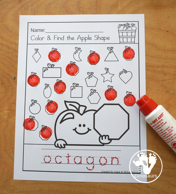 Apple Color the Shape & Find the Shape - you have 12 shapes for kids to learn about A fun way to work on shapes and shape words. A great kindergarten and prek worksheet for shapes - 3Dinosaurs.com