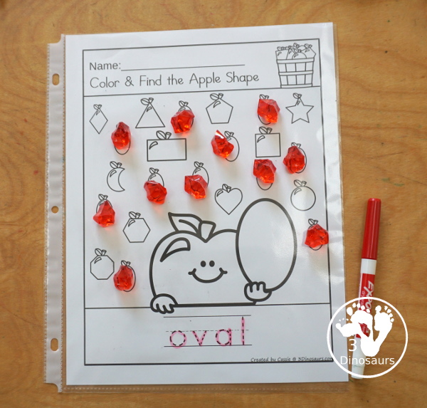 Apple Color the Shape & Find the Shape - you have 12 shapes for kids to learn about A fun way to work on shapes and shape words. A great kindergarten and prek worksheet for shapes - 3Dinosaurs.com
