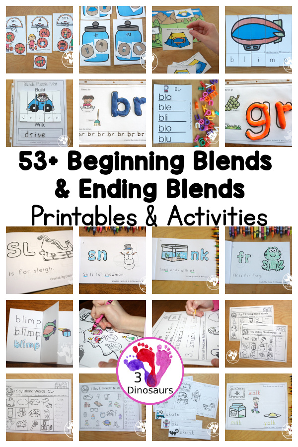 Blend Printables & Activities with consonant blends for beginning and ending blends for kids to learn. There is a mix of cards, bookmarks, hands-on mats, no-prep printables and more,=. All great blends for helping kids learn. - 3Dinosaurs.com