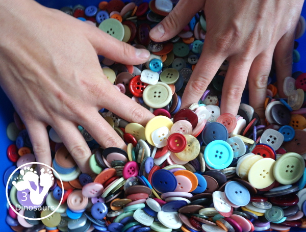 Button Sensory Bin - a simple sensory bin that we have used with a mix of activities. It is easy to set up and let kids play in. You have different sizes and mix of colors for the buttons. 3Dinosaurs.com
