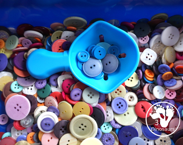 Button Sensory Bin - a simple sensory bin that we have used with a mix of activities. It is easy to set up and let kids play in. You have different sizes and mix of colors for the buttons. 3Dinosaurs.com
