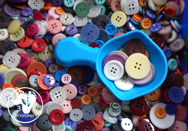 Button Sensory Bin - a simple sensory bin that we have used with a mix of activities. It is easy to set up and let kids play in. You have different sizes and mix of colors for the buttons. 3Dinosaurs.com