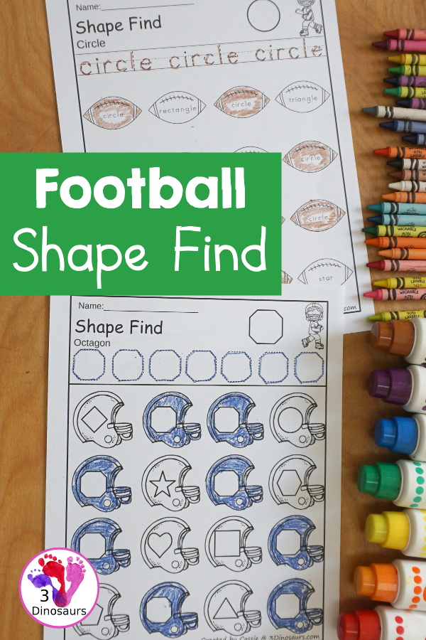 Football Shape Find Printable has 11 shape for kids to work on with shape word and geometric shapes for kids. A great shape printable for kids in preschool, prek and kindergarten.  3Dinosaurs.com