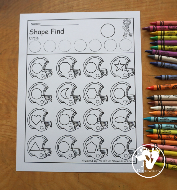 Football Shape Find Printable has 11 shape for kids to work on with shape word and geometric shapes for kids. A great shape printable for kids in preschool, prek and kindergarten.  3Dinosaurs.com