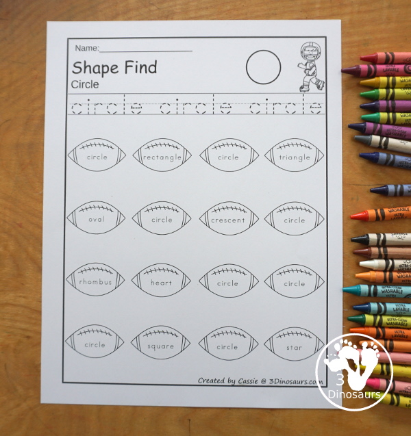 Football Shape Find Printable has 11 shape for kids to work on with shape word and geometric shapes for kids. A great shape printable for kids in preschool, prek and kindergarten.  3Dinosaurs.com