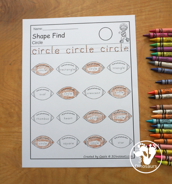 Football Shape Find Printable has 11 shape for kids to work on with shape word and geometric shapes for kids. A great shape printable for kids in preschool, prek and kindergarten.  3Dinosaurs.com