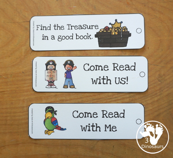 Free Pirate Bookmark Printables - 12 different bookmarks all with pirate themes that are great for Talk Like a Pirate Day and any pirate theme for kids. You have pirate kids or pirate themes on each of the bookmarks. 3Dinosaurs.com