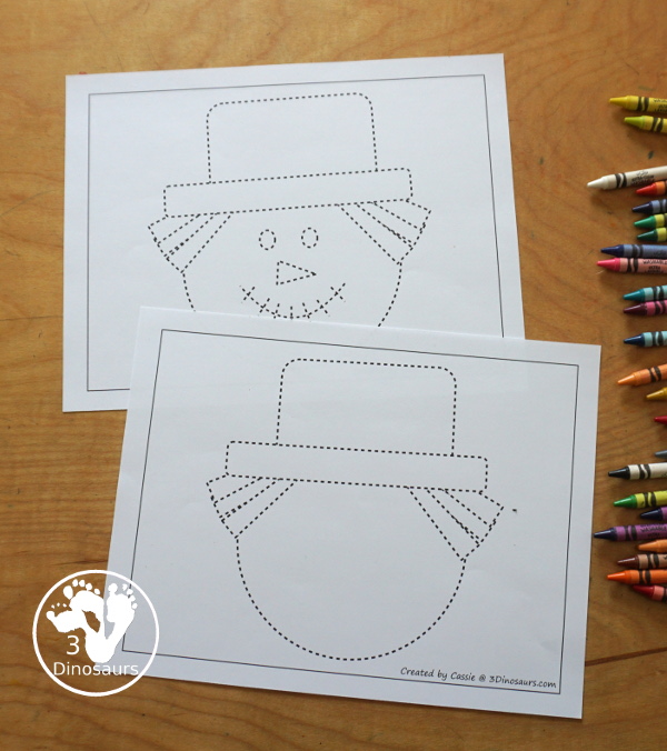 Free Scarecrow Fine Motor Mat Printables - has 5 fine motor mats  with scarecrow templates, scarecrow tracing pages, and a scarecrow dot marker page. All great fine motor activities for kids in preschool, prek and kindergarten.  3Dinosaurs.com