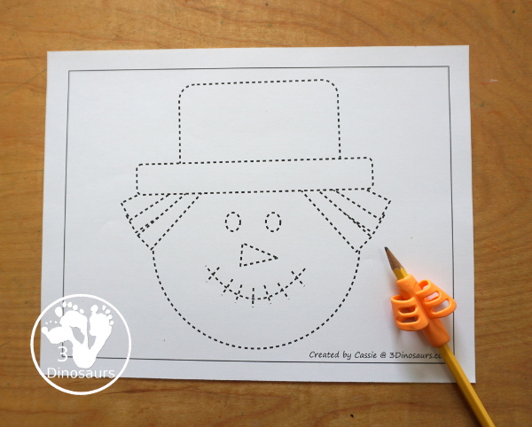 Free Scarecrow Fine Motor Mat Printables - has 5 fine motor mats  with scarecrow templates, scarecrow tracing pages, and a scarecrow dot marker page. All great fine motor activities for kids in preschool, prek and kindergarten.  3Dinosaurs.com