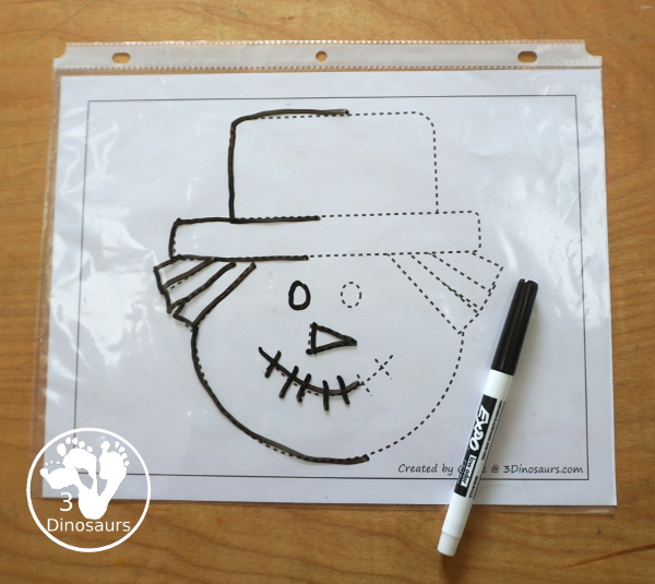 Free Scarecrow Fine Motor Mat Printables - has 5 fine motor mats  with scarecrow templates, scarecrow tracing pages, and a scarecrow dot marker page. All great fine motor activities for kids in preschool, prek and kindergarten.  3Dinosaurs.com