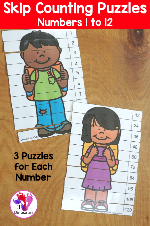 School Kids Skip Counting Puzzles: Skip Counting by 1 to 12 - you have three skip counting puzzles for each number. A great skip counting center idea for kids. - 3Dinosaurs.com