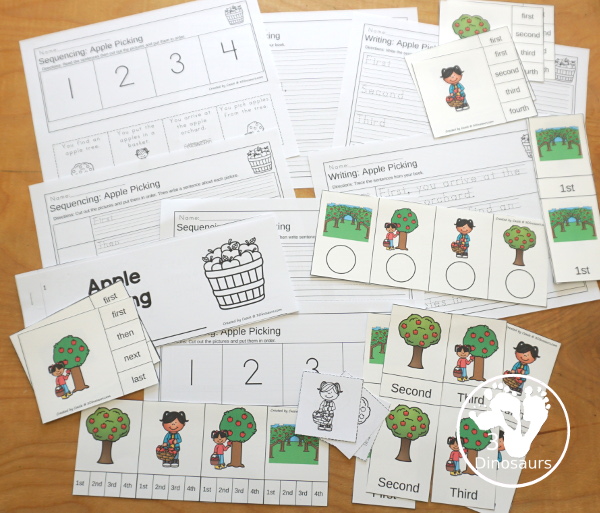 Sequencing: Apple Picking- a fun sequencing with four steps for picking apples with pictures, clip cards, order of events, easy reader books, clip card and more. 3Dinosaurs.com