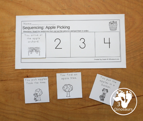 Sequencing: Apple Picking- a fun sequencing with four steps for picking apples with pictures, clip cards, order of events, easy reader books, clip card and more. 3Dinosaurs.com