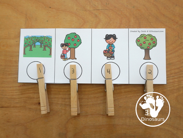 Sequencing: Apple Picking- a fun sequencing with four steps for picking apples with pictures, clip cards, order of events, easy reader books, clip card and more. 3Dinosaurs.com