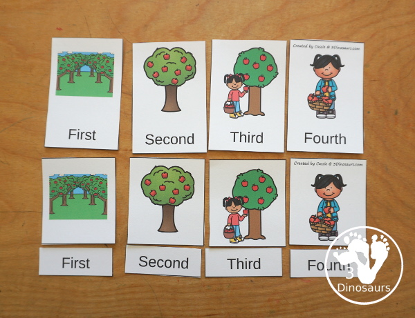 Sequencing: Apple Picking- a fun sequencing with four steps for picking apples with pictures, clip cards, order of events, easy reader books, clip card and more. 3Dinosaurs.com