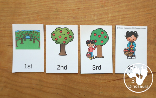 Sequencing: Apple Picking- a fun sequencing with four steps for picking apples with pictures, clip cards, order of events, easy reader books, clip card and more. 3Dinosaurs.com
