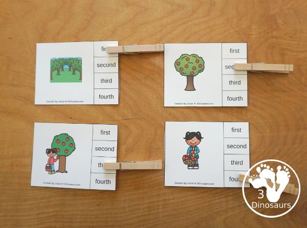 Sequencing: Apple Picking- a fun sequencing with four steps for picking apples with pictures, clip cards, order of events, easy reader books, clip card and more. 3Dinosaurs.com