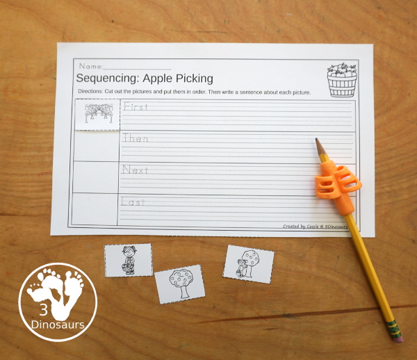 Sequencing: Apple Picking- a fun sequencing with four steps for picking apples with pictures, clip cards, order of events, easy reader books, clip card and more. 3Dinosaurs.com