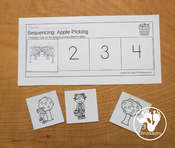 Sequencing: Apple Picking- a fun sequencing with four steps for picking apples with pictures, clip cards, order of events, easy reader books, clip card and more. 3Dinosaurs.com