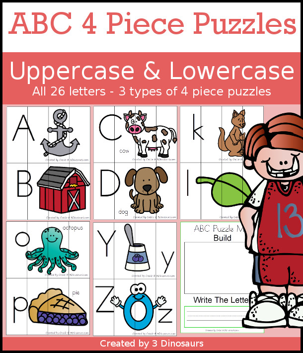 Alphabet 4 Piece Puzzles - ABC Letter & Picture Set - 3 puzzles types with different options with a building mat that kids can use. - 3Dinosaurs.com