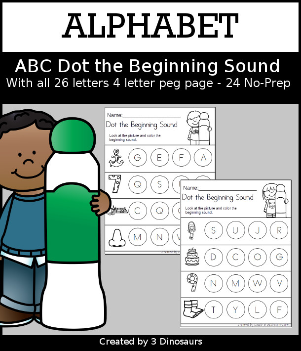 Alphabet Dot the Beginning Sound Worksheet - with 24 pages of printables working on finding the letter that matches the beginning sound of the picture - 3Dinosaurs.com