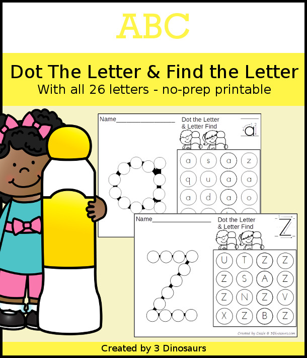 No-Prep ABC Dot the Letter & Find the Letter - all 26 letters of the alphabet in uppercase only or lowercase only dot the letter and find the letter - 3Dinosaurs.com